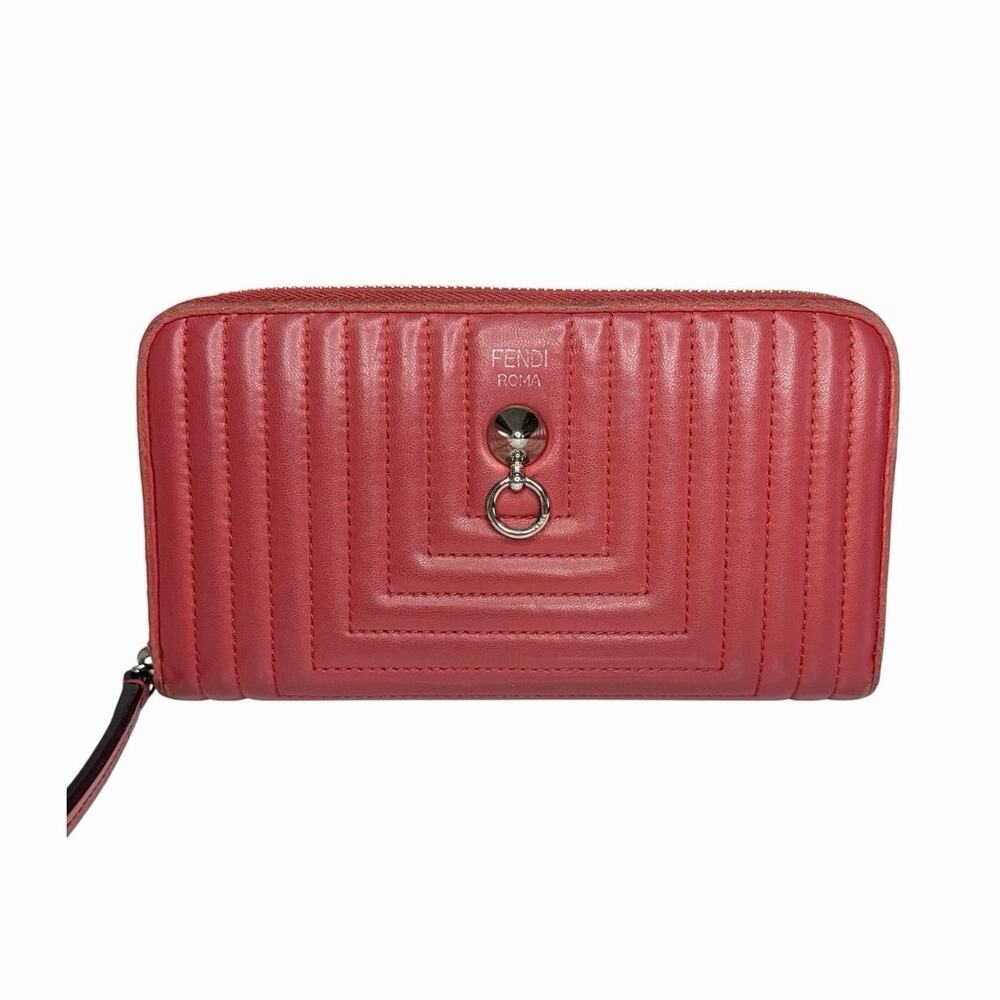 Fendi Quilted Lambskin Leather Zip Around Wallet in Red w/ Silver Hardware